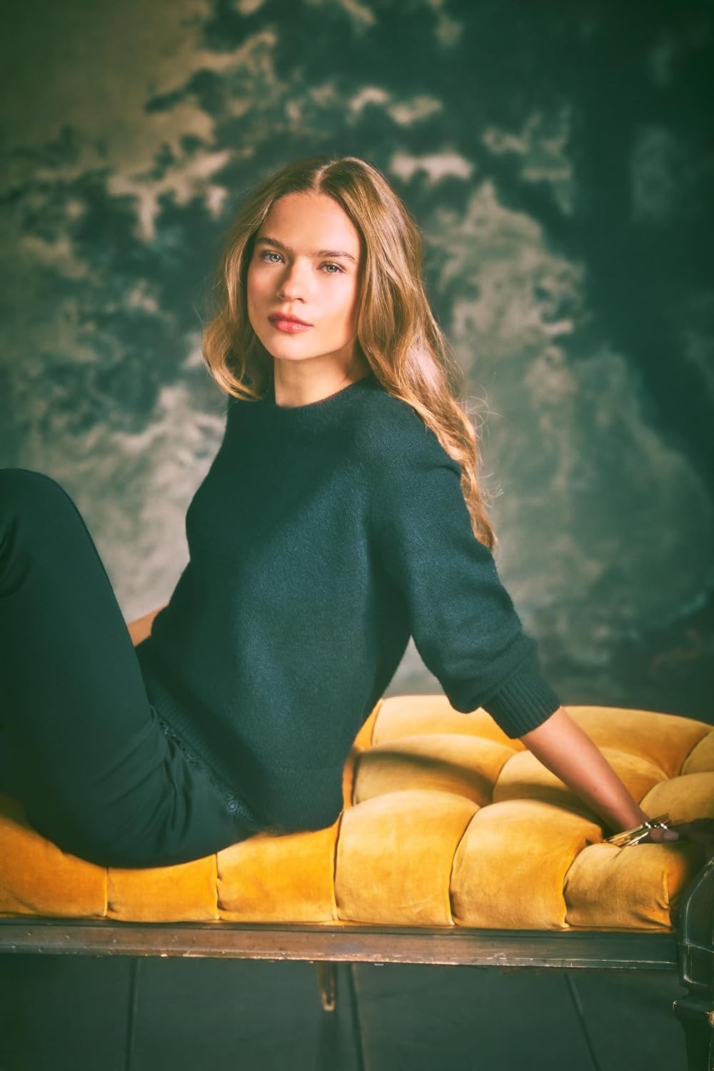 image:imageVince Camuto Womens 34 Sleeve Crew Neck with Lace Hem SweaterRich Black