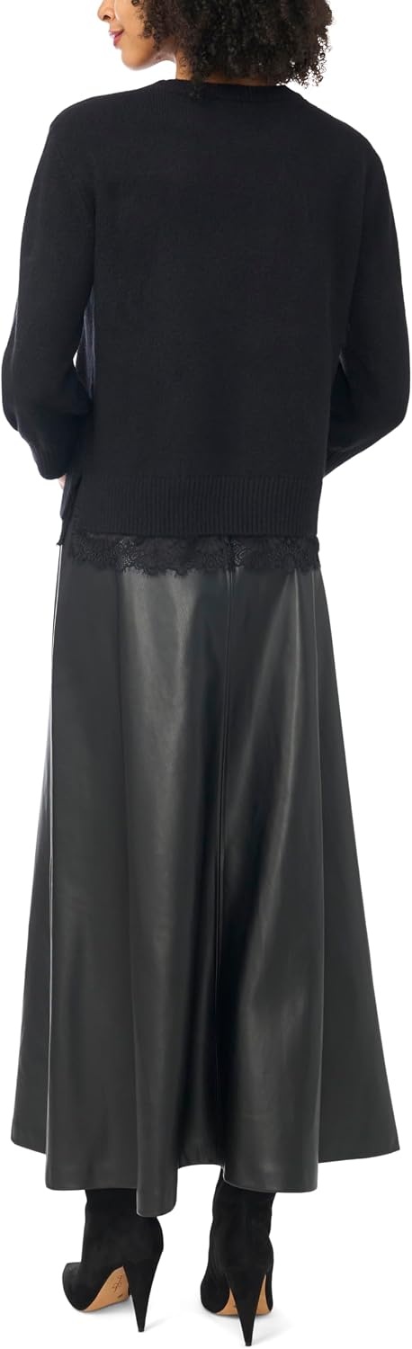 image:imageVince Camuto Womens 34 Sleeve Crew Neck with Lace Hem SweaterRich Black
