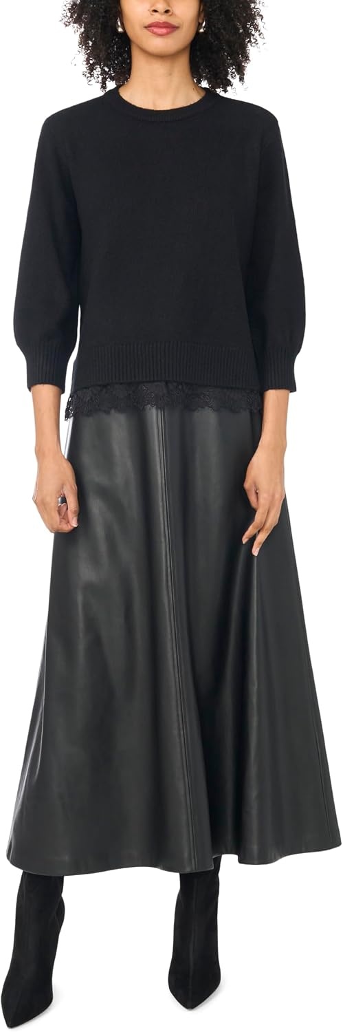 image:imageVince Camuto Womens 34 Sleeve Crew Neck with Lace Hem SweaterRich Black