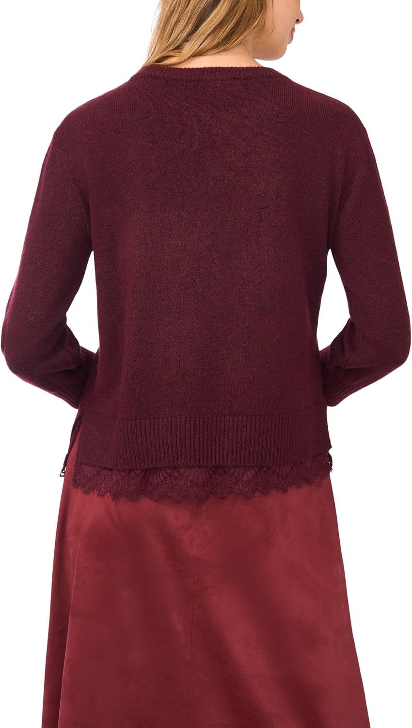 image:imageVince Camuto Womens 34 Sleeve Crew Neck with Lace Hem SweaterWine
