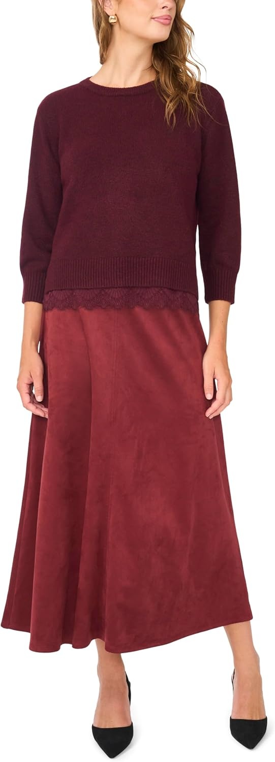 image:imageVince Camuto Womens 34 Sleeve Crew Neck with Lace Hem SweaterWine