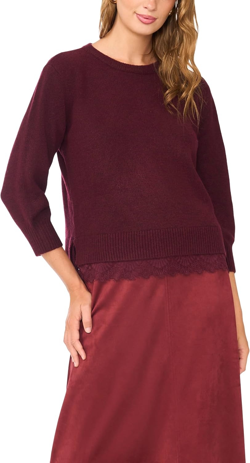 image:imageVince Camuto Womens 34 Sleeve Crew Neck with Lace Hem SweaterWine