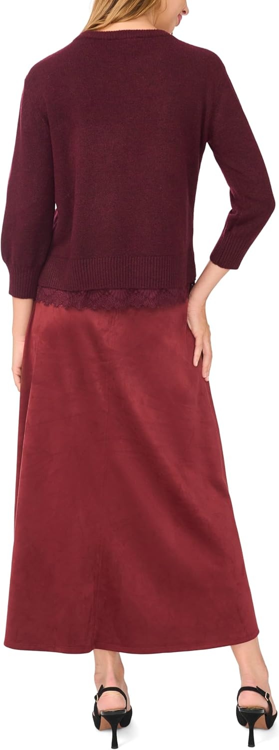 image:imageVince Camuto Womens 34 Sleeve Crew Neck with Lace Hem SweaterWine