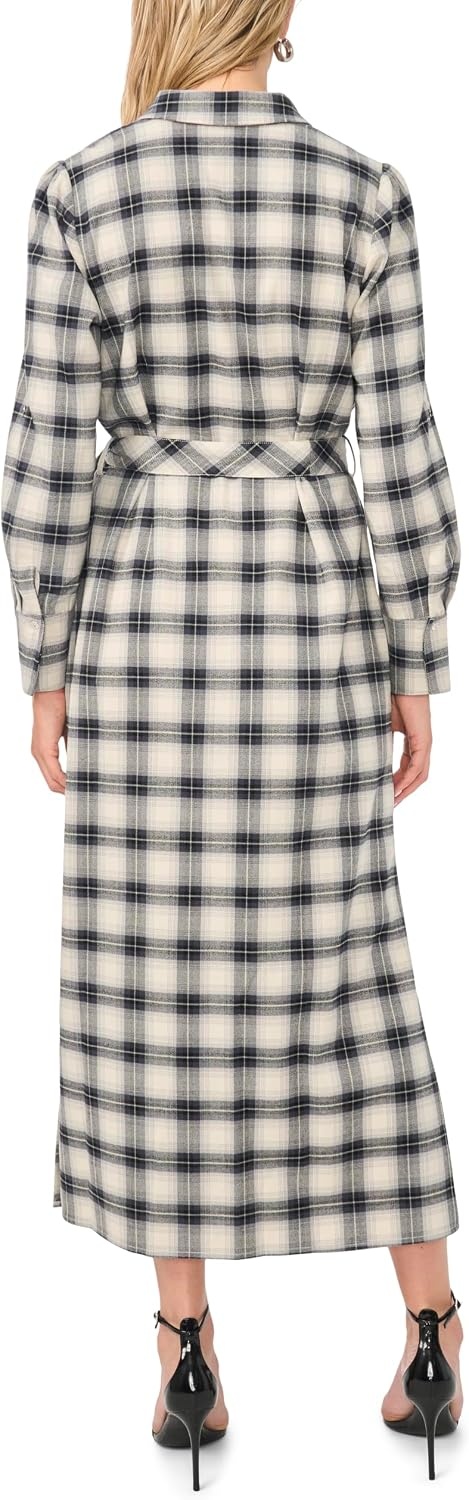 image:imageVince Camuto Womens Checkered Long Sleeve Collared Belted Midi Shirt DressRich Black