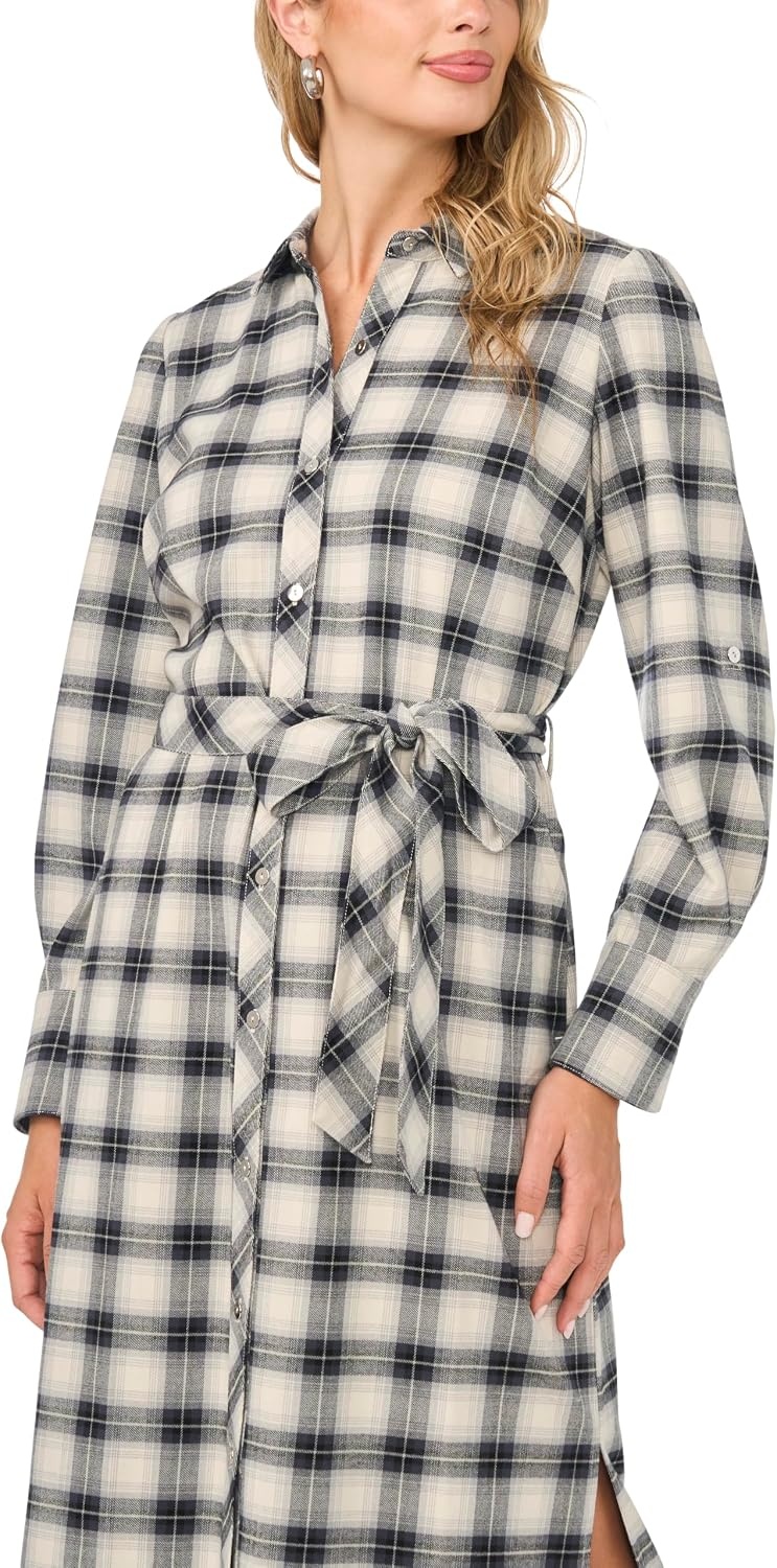image:imageVince Camuto Womens Checkered Long Sleeve Collared Belted Midi Shirt DressRich Black