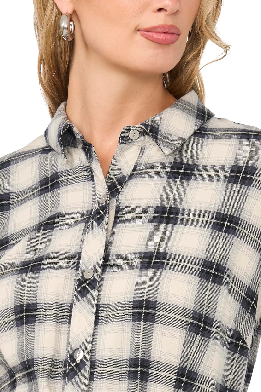 image:imageVince Camuto Womens Checkered Long Sleeve Collared Belted Midi Shirt DressRich Black