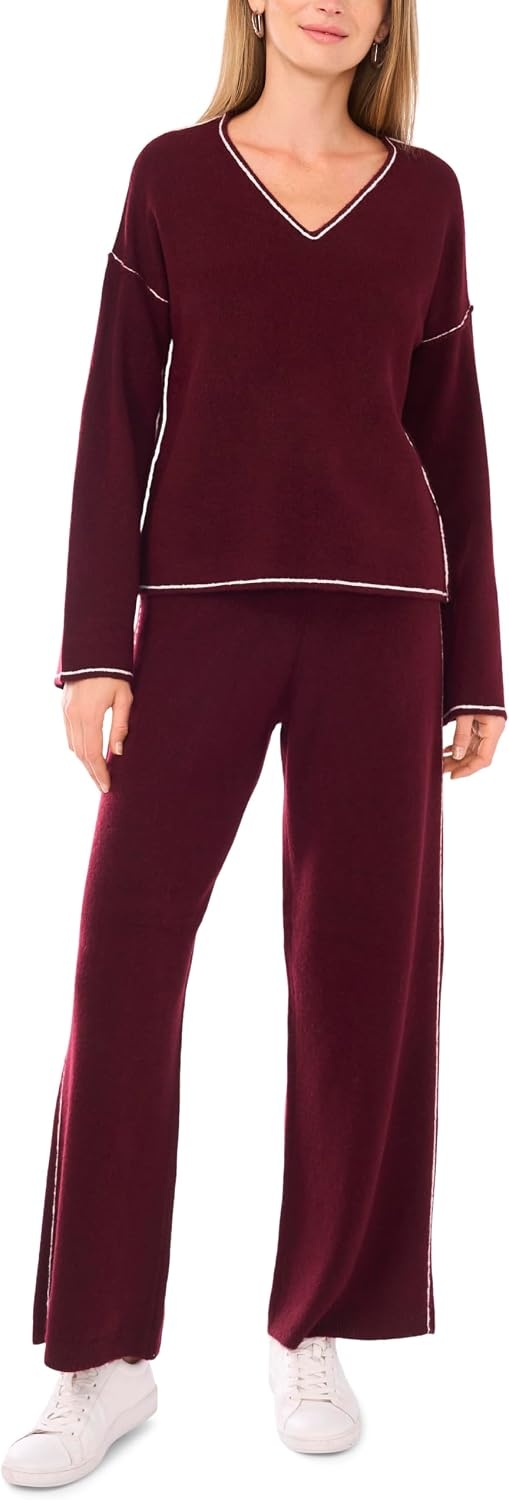 image:imageVince Camuto Womens Contrast Top Stitch Sweatpant with DrawstringWine