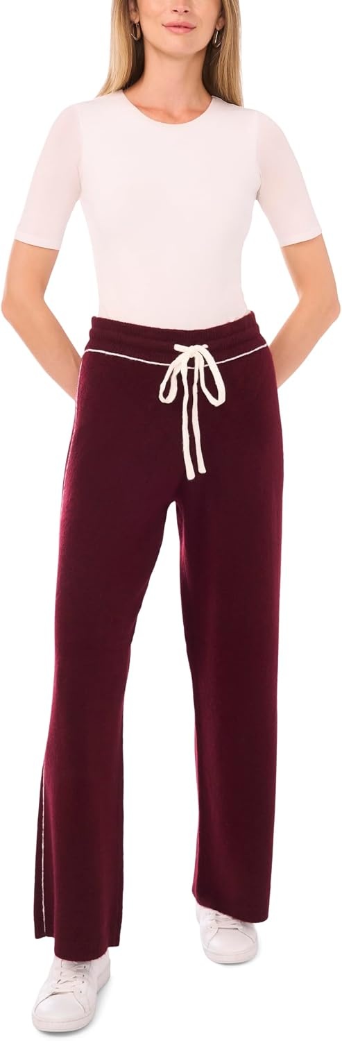 image:imageVince Camuto Womens Contrast Top Stitch Sweatpant with DrawstringWine