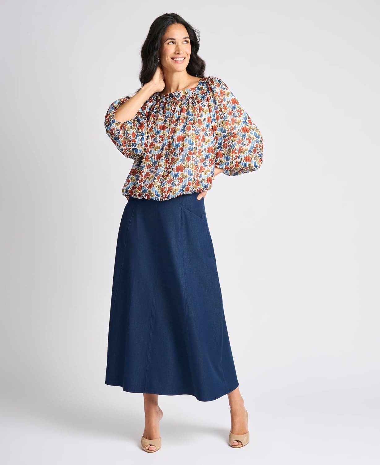 image:imageVince Camuto Womens Elbow Sleeve Square Neck Bubble BlouseDenim Navy