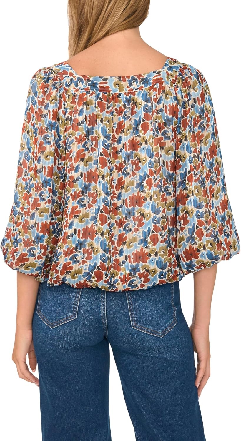 image:imageVince Camuto Womens Elbow Sleeve Square Neck Bubble BlouseDenim Navy