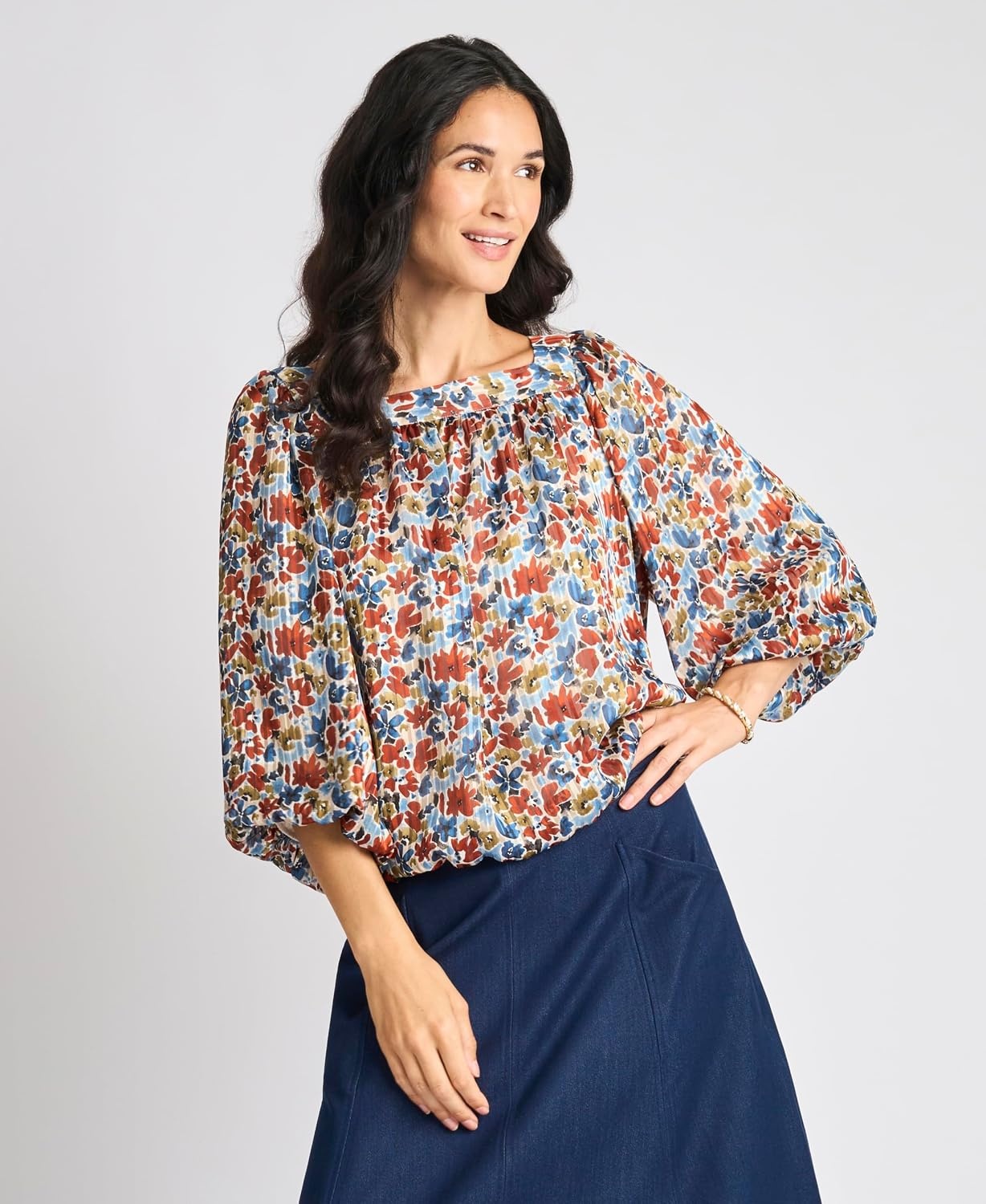 image:imageVince Camuto Womens Elbow Sleeve Square Neck Bubble BlouseDenim Navy