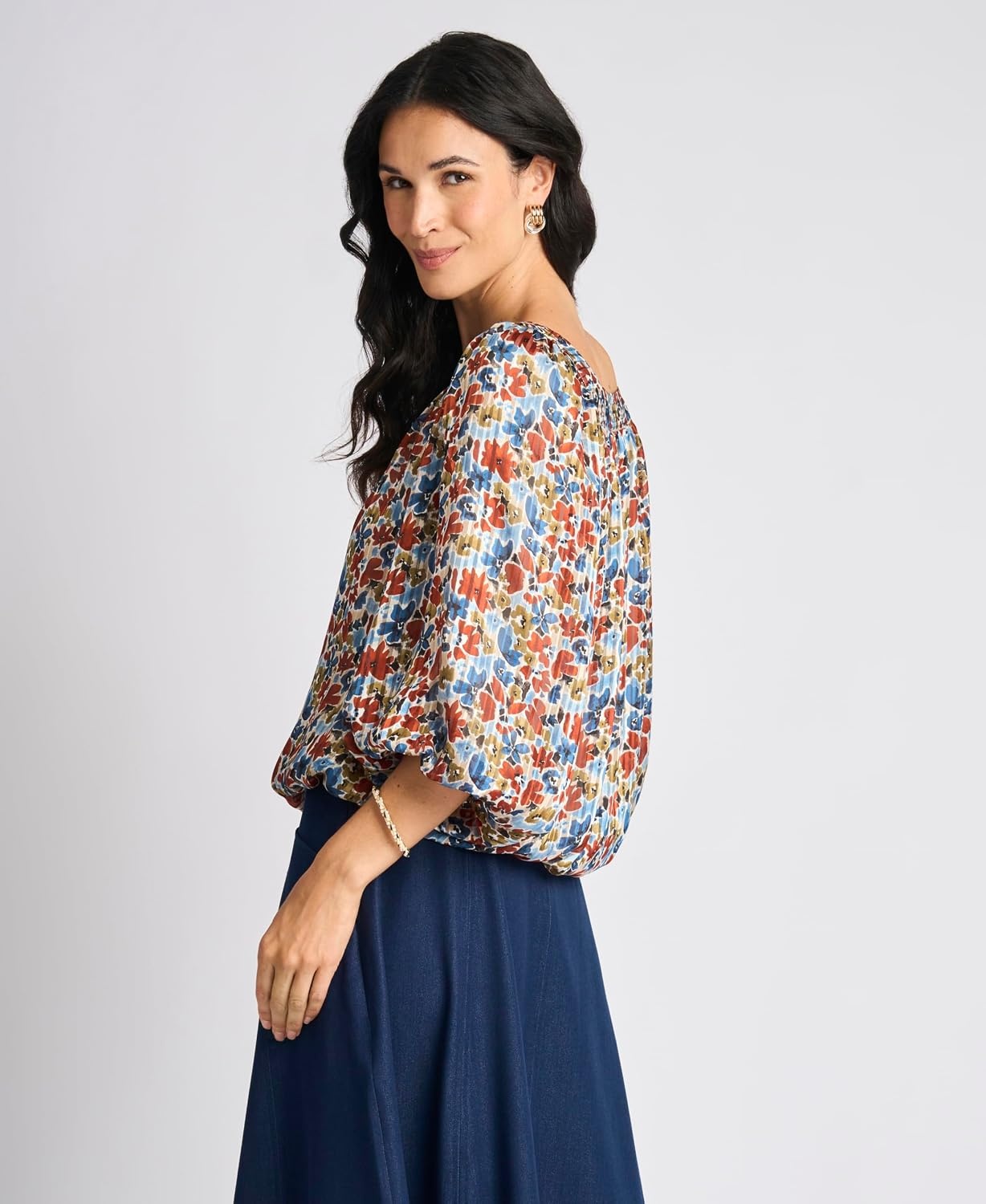 image:imageVince Camuto Womens Elbow Sleeve Square Neck Bubble BlouseDenim Navy