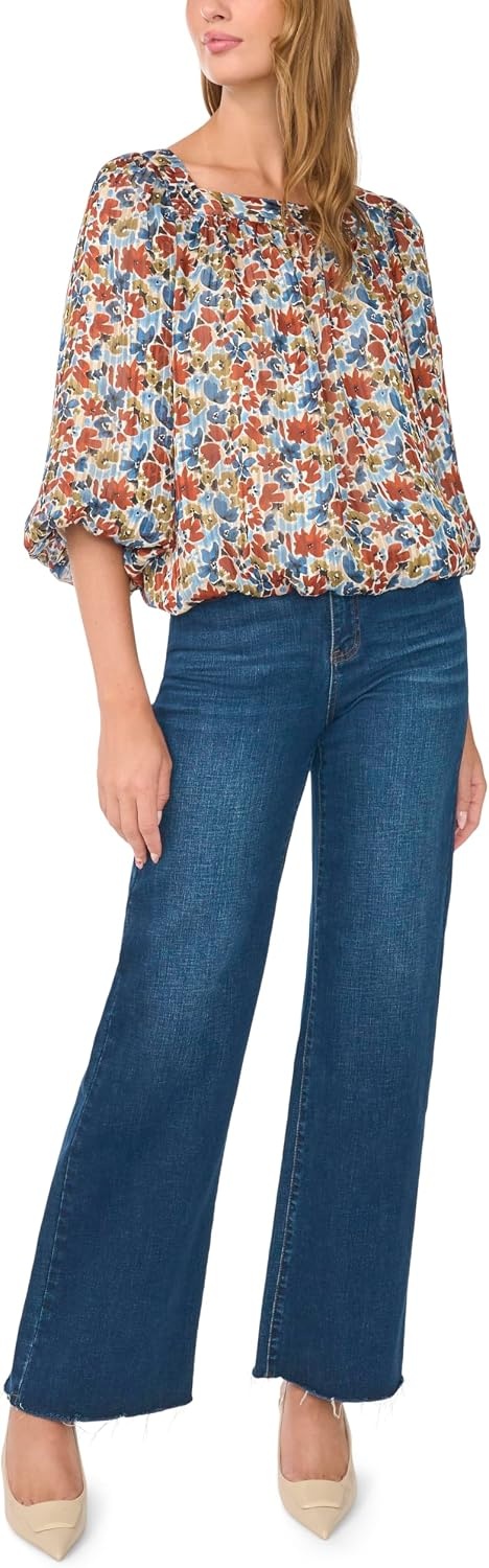 image:imageVince Camuto Womens Elbow Sleeve Square Neck Bubble BlouseDenim Navy
