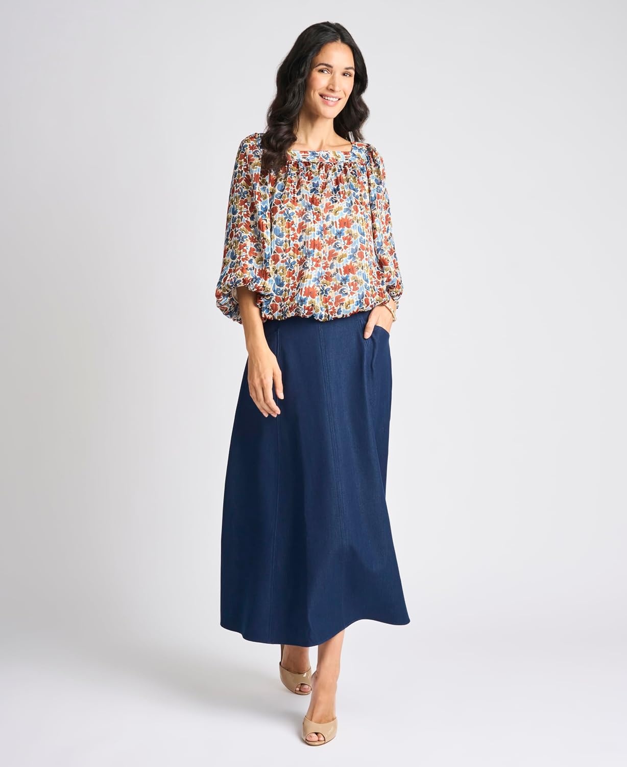 image:imageVince Camuto Womens Elbow Sleeve Square Neck Bubble BlouseDenim Navy