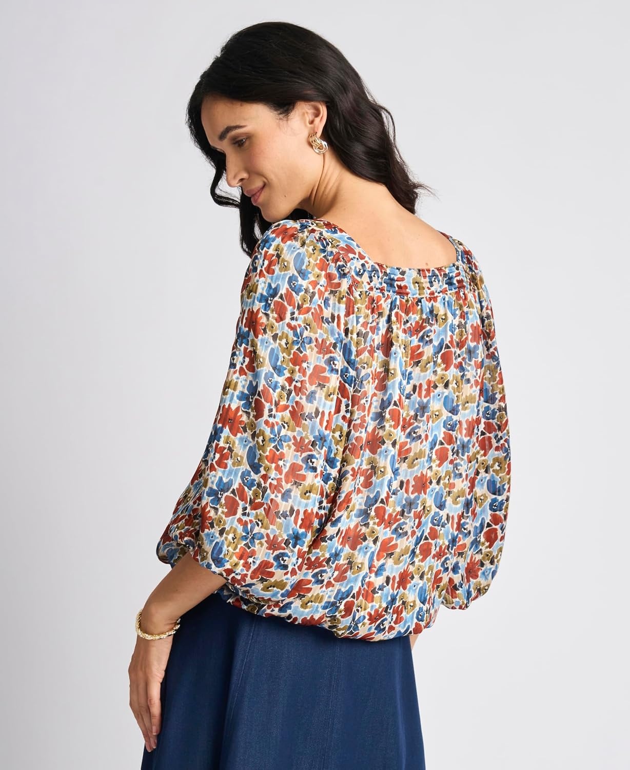 image:imageVince Camuto Womens Elbow Sleeve Square Neck Bubble BlouseDenim Navy