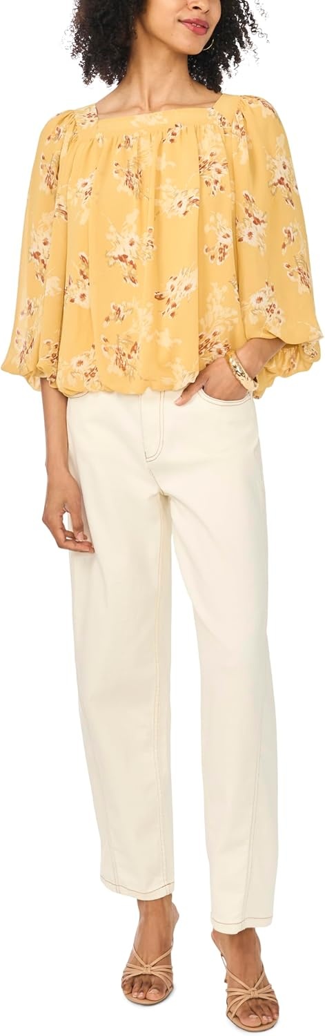 image:imageVince Camuto Womens Elbow Sleeve Square Neck Bubble BlouseGolden