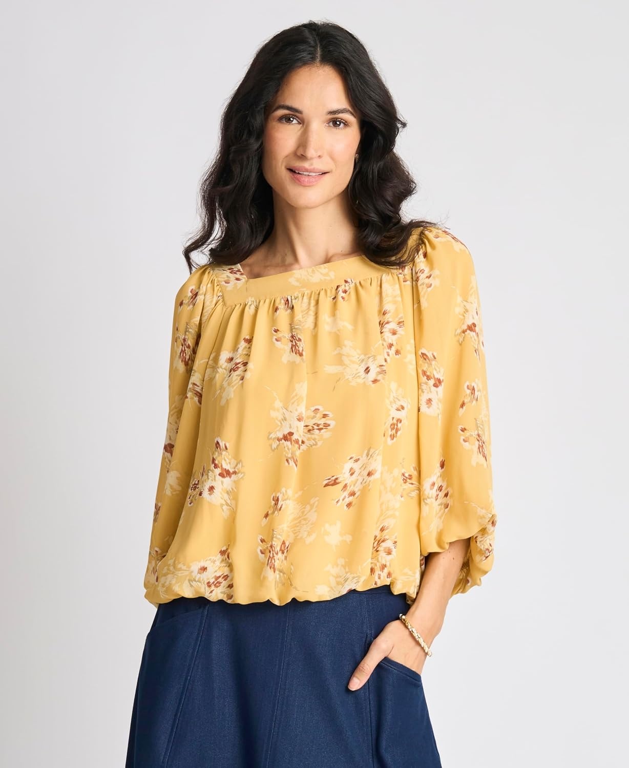 image:imageVince Camuto Womens Elbow Sleeve Square Neck Bubble BlouseGolden
