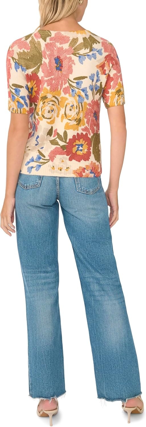 image:imageVince Camuto Womens Floral Printed Short Sleeve Crew Neck SweaterBirch