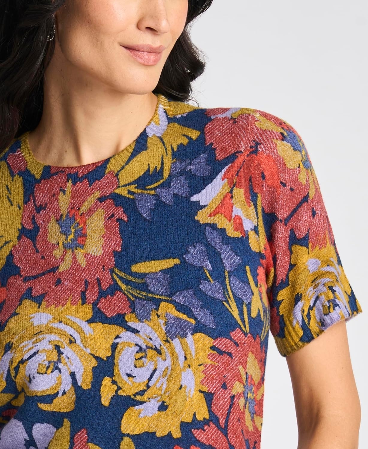 image:imageVince Camuto Womens Floral Printed Short Sleeve Crew Neck SweaterClassic Navy