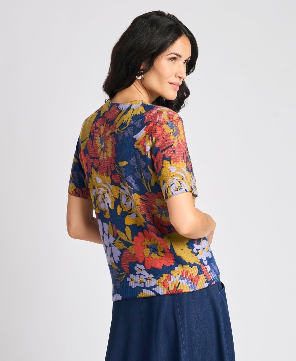 image:imageVince Camuto Womens Floral Printed Short Sleeve Crew Neck SweaterClassic Navy