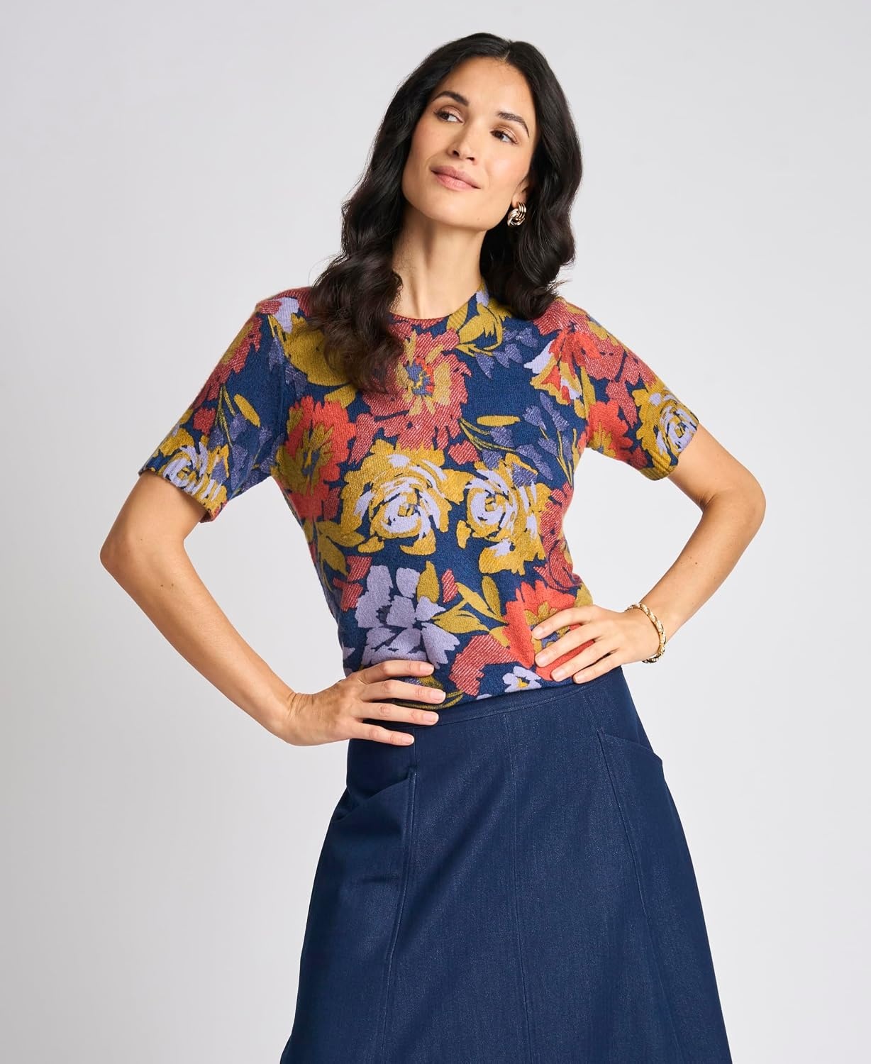 image:imageVince Camuto Womens Floral Printed Short Sleeve Crew Neck SweaterClassic Navy