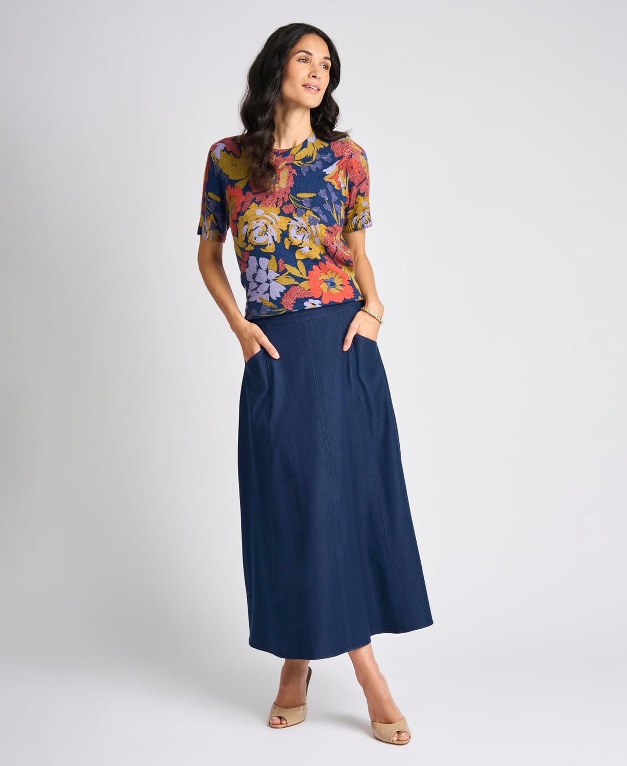 image:imageVince Camuto Womens Floral Printed Short Sleeve Crew Neck SweaterClassic Navy