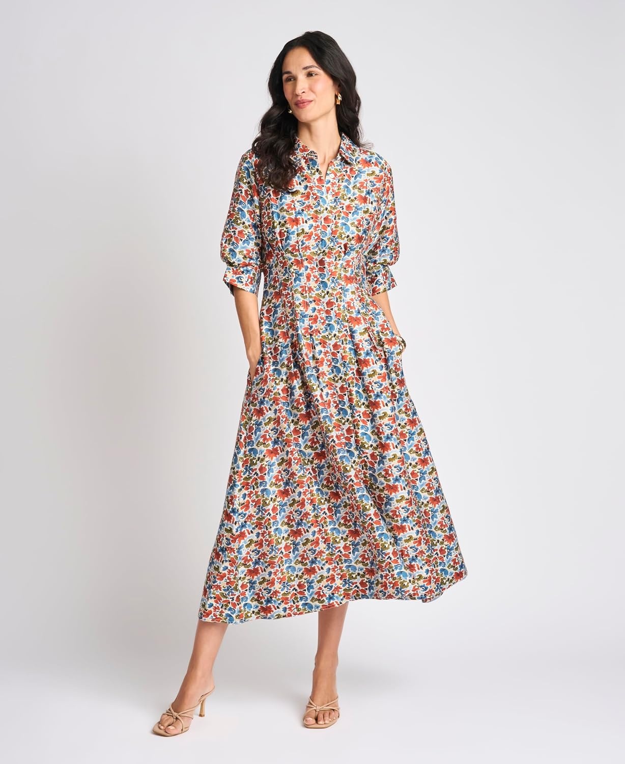 image:imageVince Camuto Womens Floral Short Sleeve Button Up Shirt Dress with Pleat Darts on BodiceDenim Navy