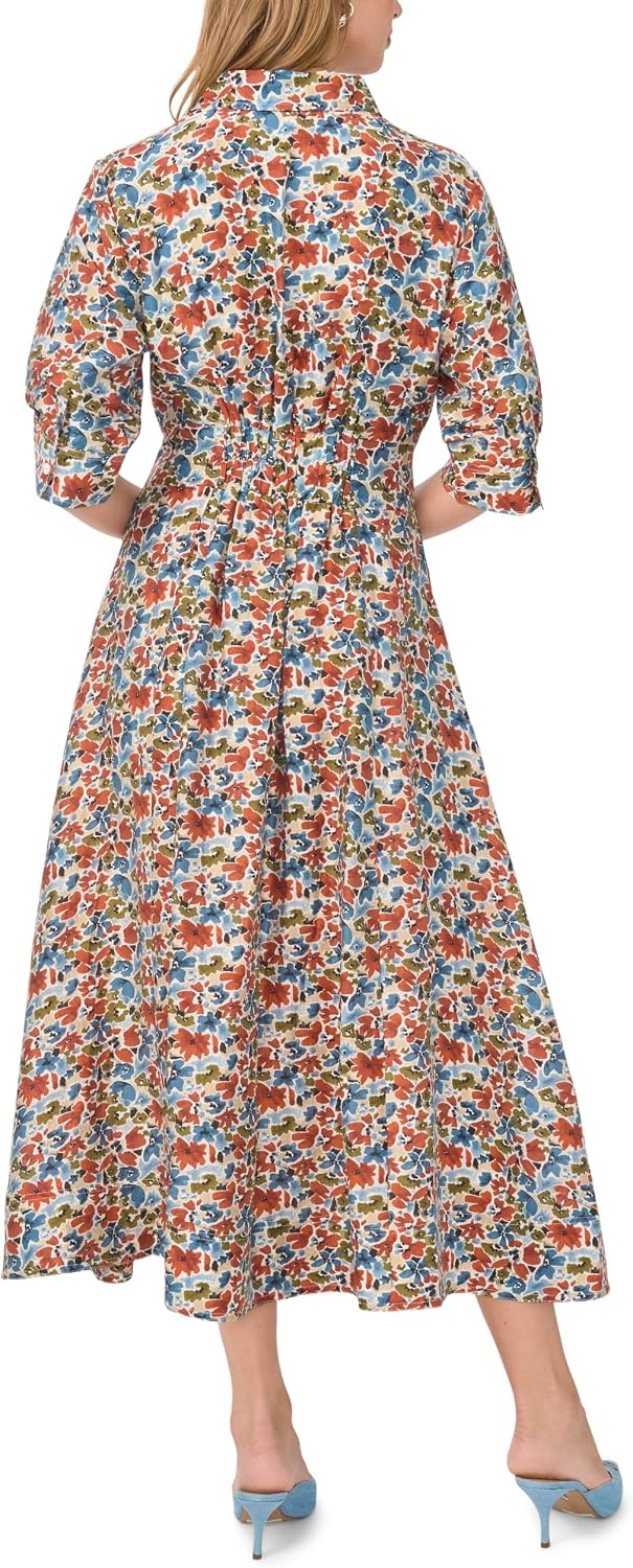 image:imageVince Camuto Womens Floral Short Sleeve Button Up Shirt Dress with Pleat Darts on BodiceDenim Navy