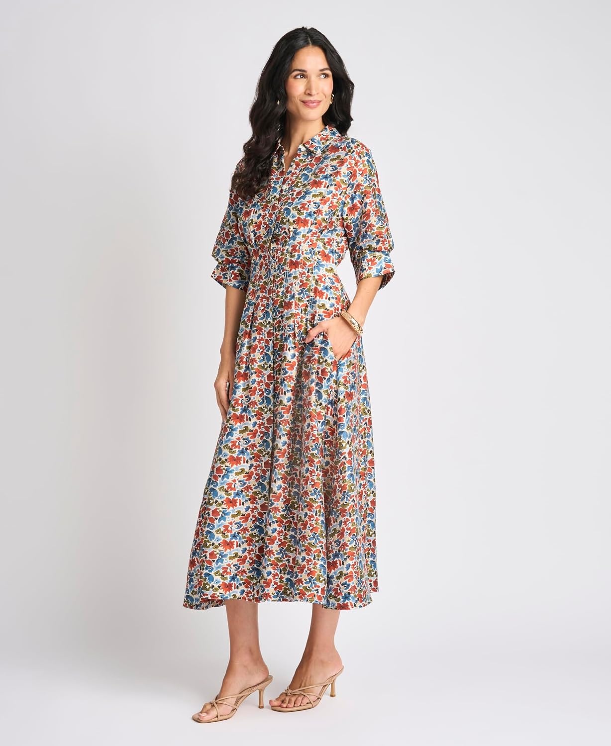 image:imageVince Camuto Womens Floral Short Sleeve Button Up Shirt Dress with Pleat Darts on BodiceDenim Navy