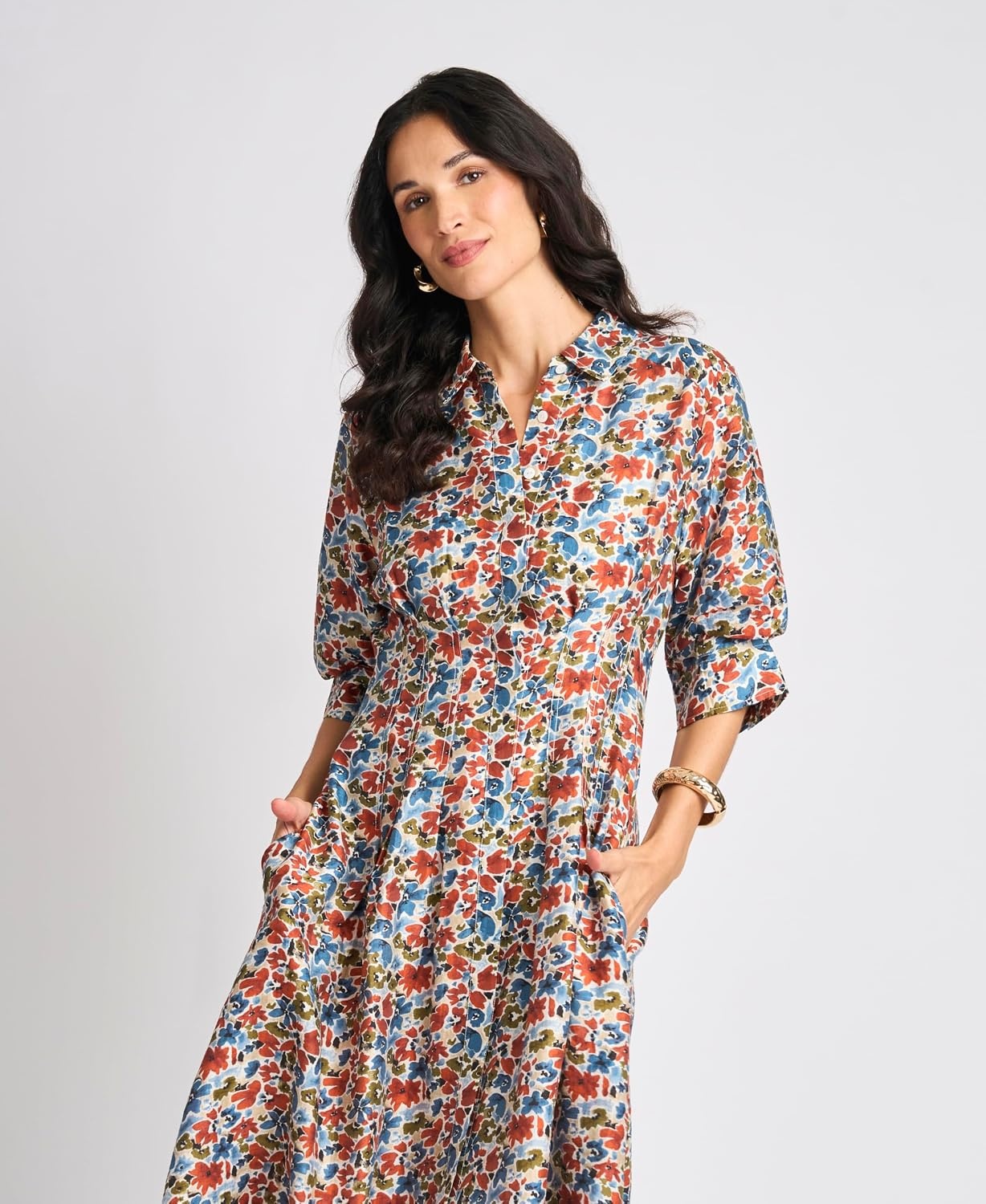 image:imageVince Camuto Womens Floral Short Sleeve Button Up Shirt Dress with Pleat Darts on BodiceDenim Navy