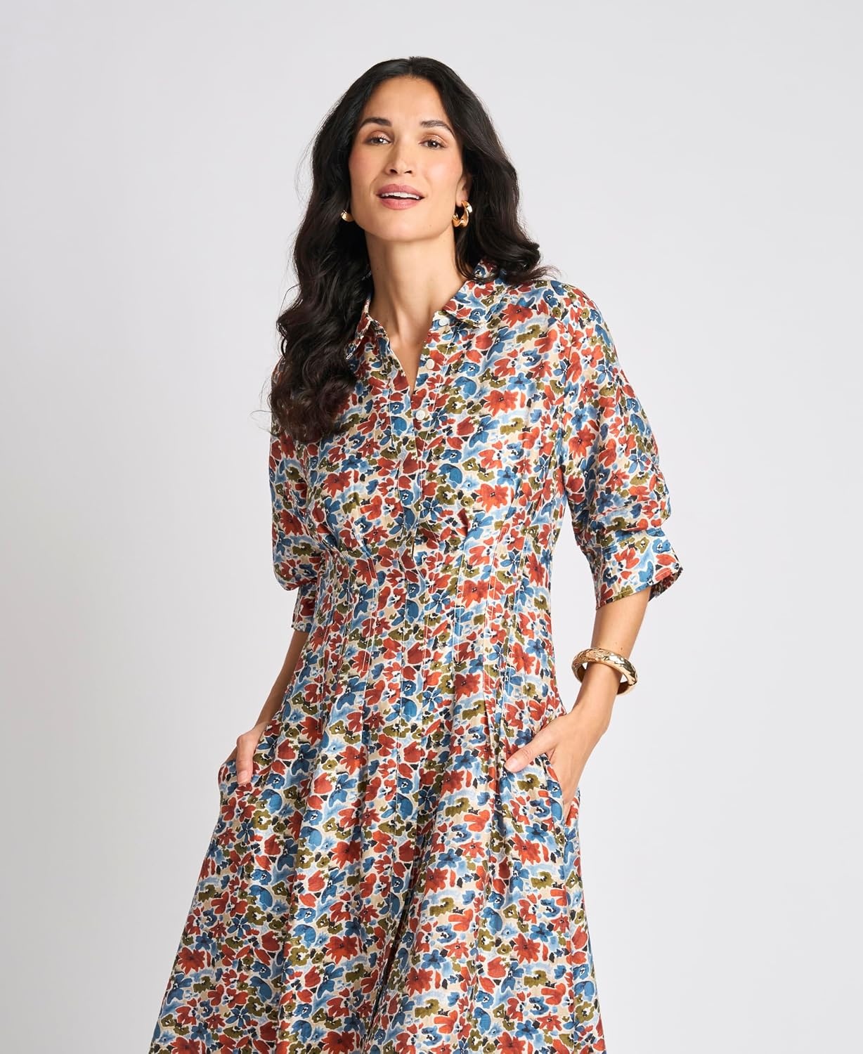 image:imageVince Camuto Womens Floral Short Sleeve Button Up Shirt Dress with Pleat Darts on BodiceDenim Navy