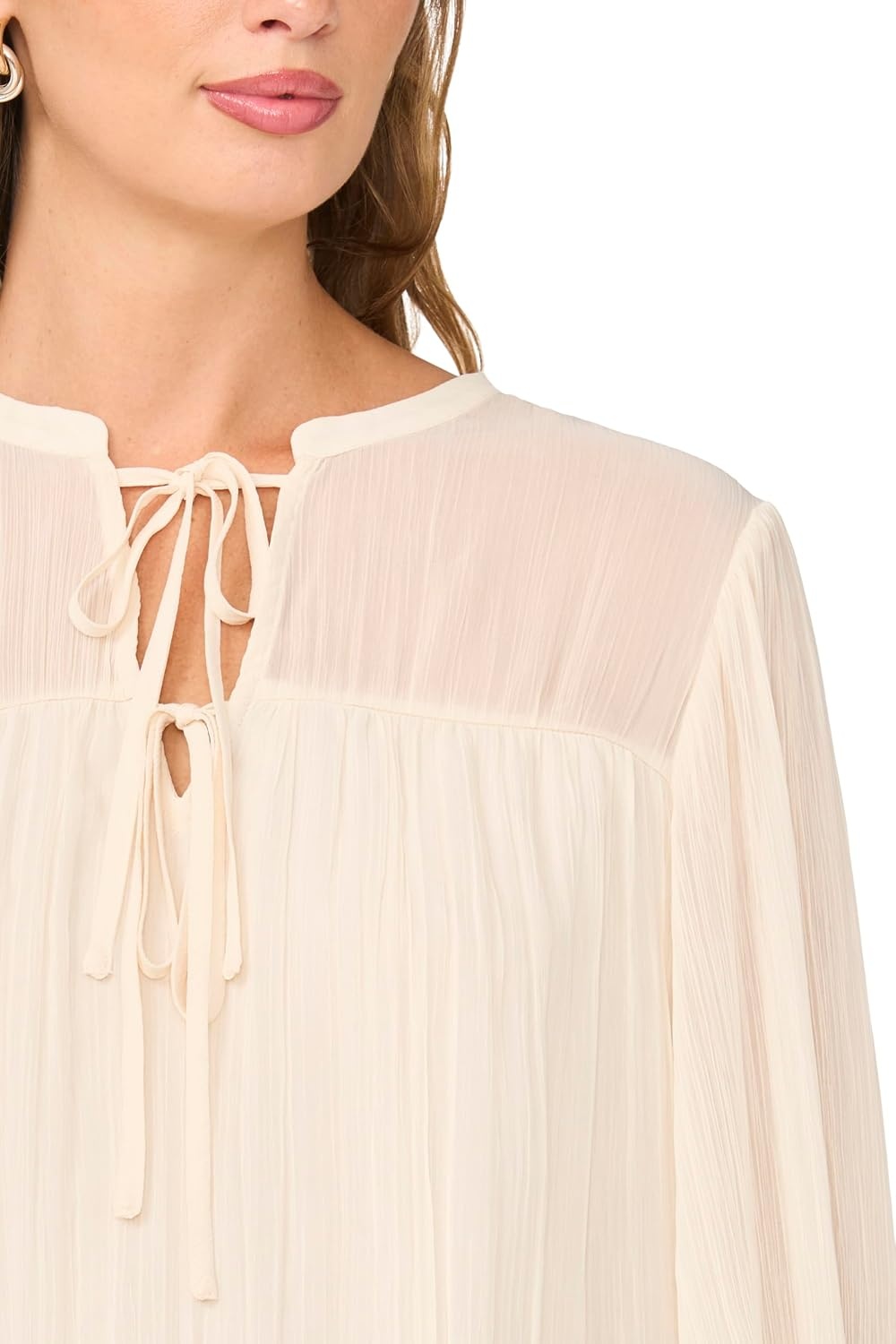 image:imageVince Camuto Womens Long Sleeve Bubble Hem with Split Neck and Two Tie TopSand Drift