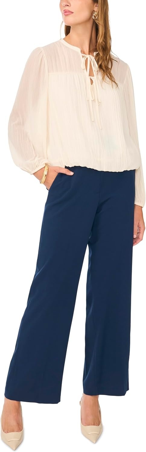 image:imageVince Camuto Womens Long Sleeve Bubble Hem with Split Neck and Two Tie TopSand Drift