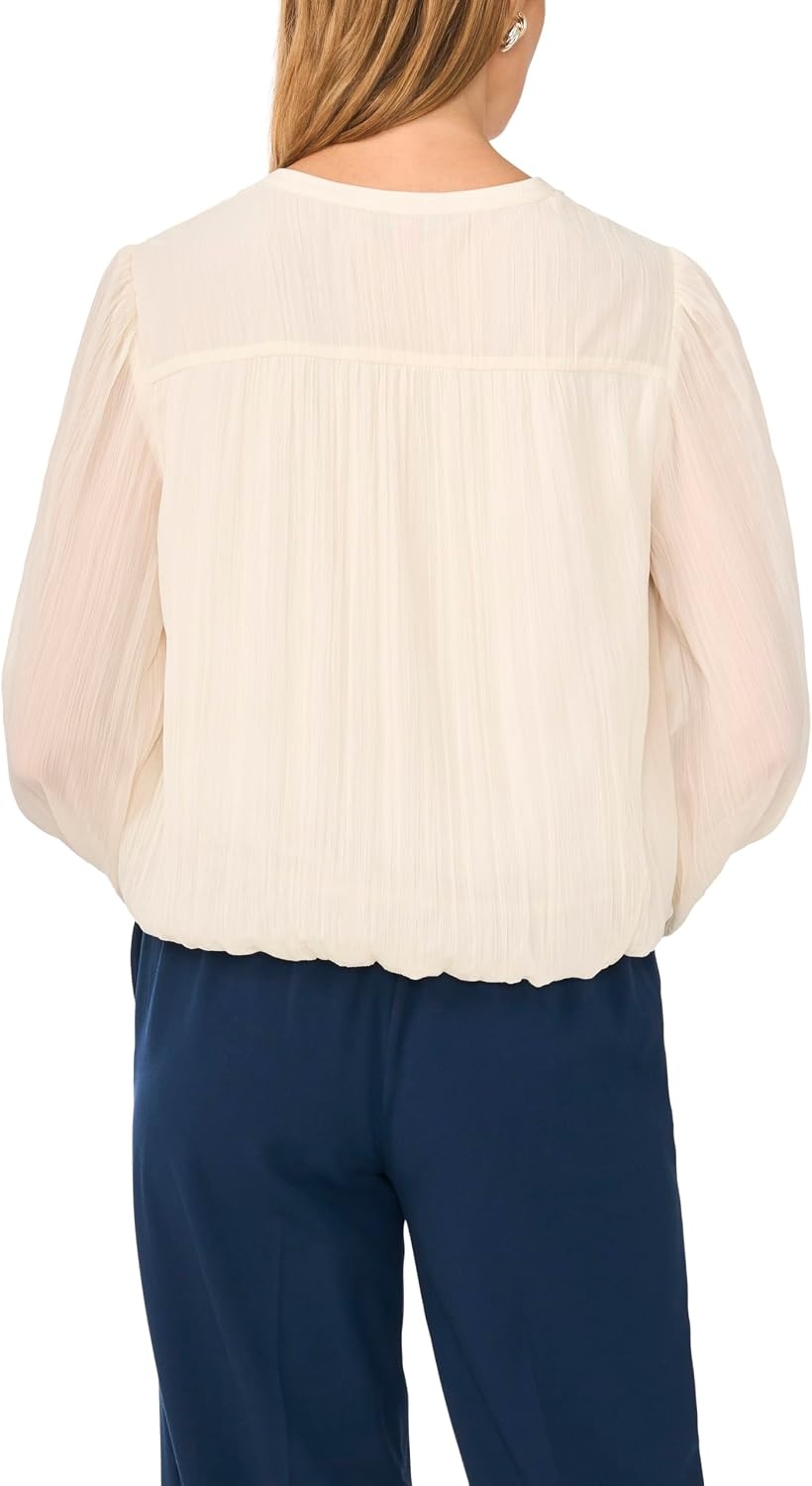 image:imageVince Camuto Womens Long Sleeve Bubble Hem with Split Neck and Two Tie TopSand Drift