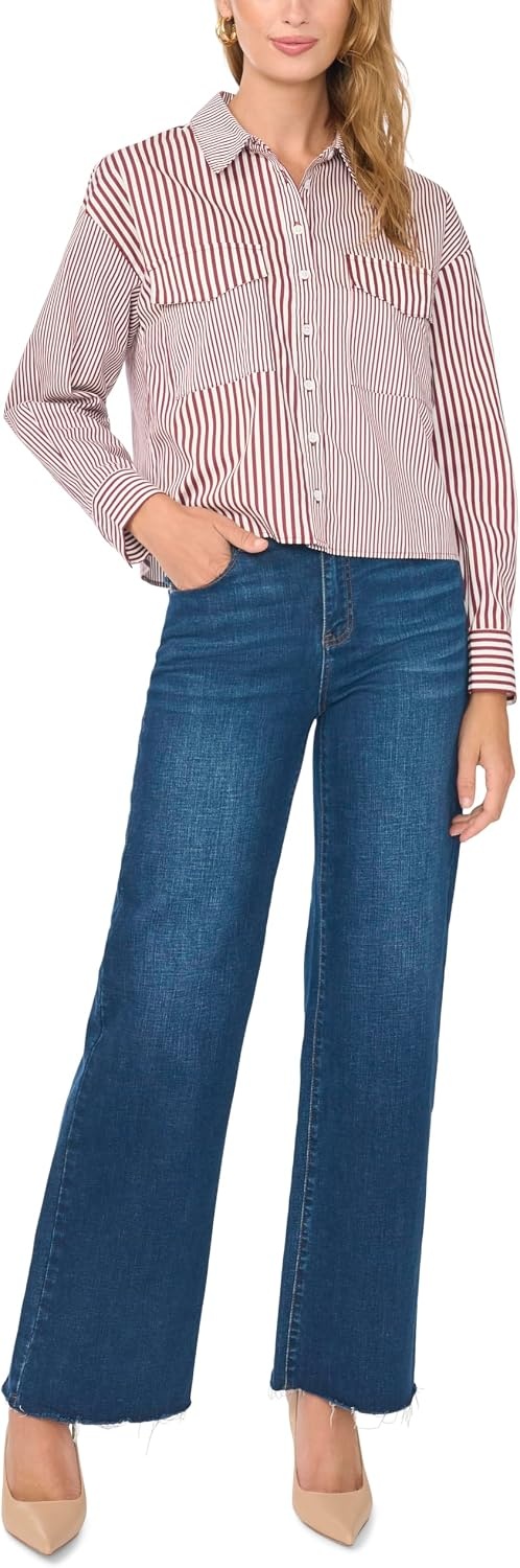 image:imageVince Camuto Womens Long Sleeve Collar Button Down with Front Pocket BlouseBloom Plum