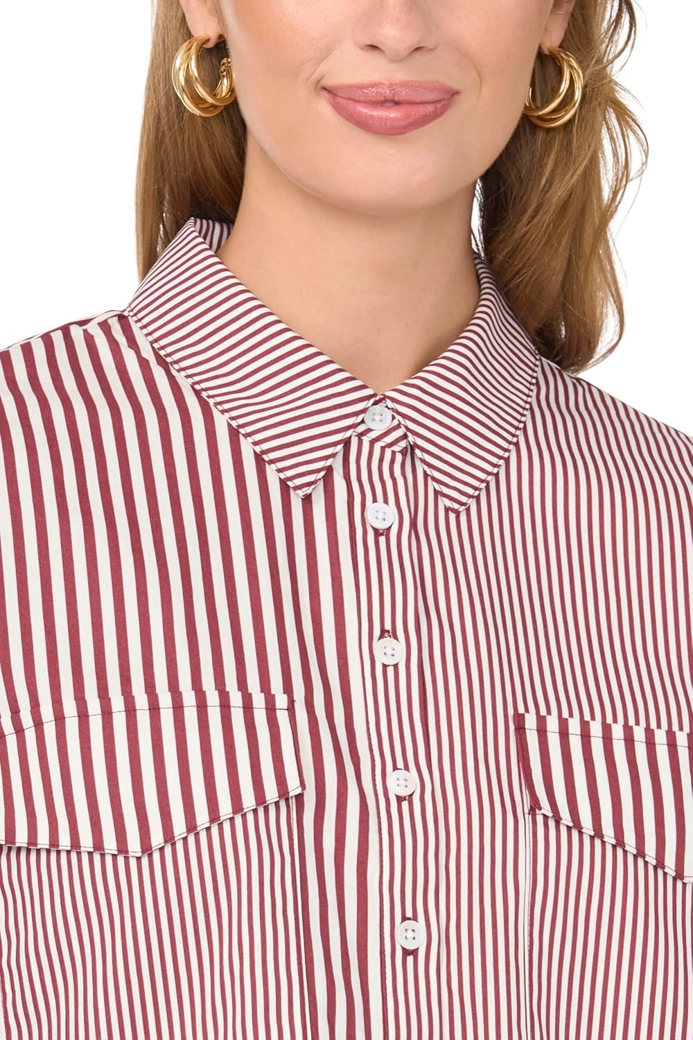 image:imageVince Camuto Womens Long Sleeve Collar Button Down with Front Pocket BlouseBloom Plum