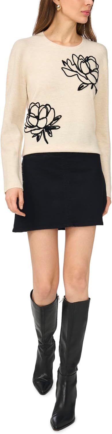 image:imageVince Camuto Womens Long Sleeve Crew Neck Chenille Embroidery SweaterBirch