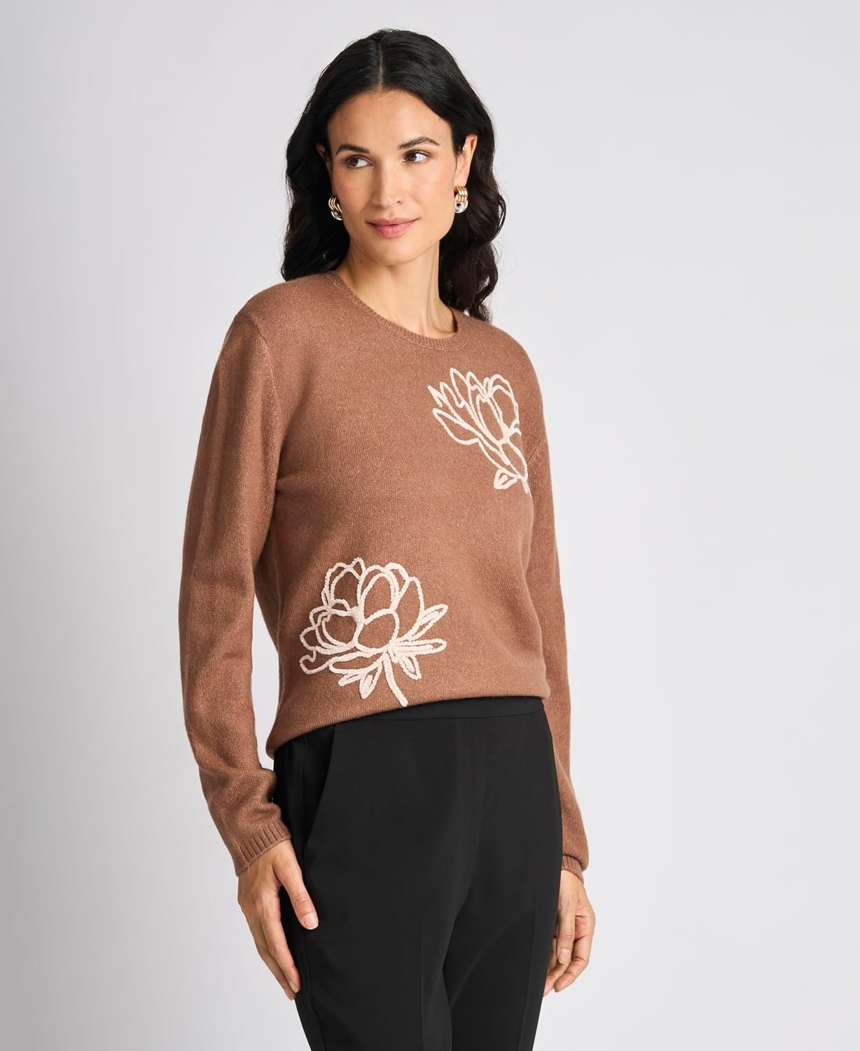 image:imageVince Camuto Womens Long Sleeve Crew Neck Chenille Embroidery SweaterNew Mocha