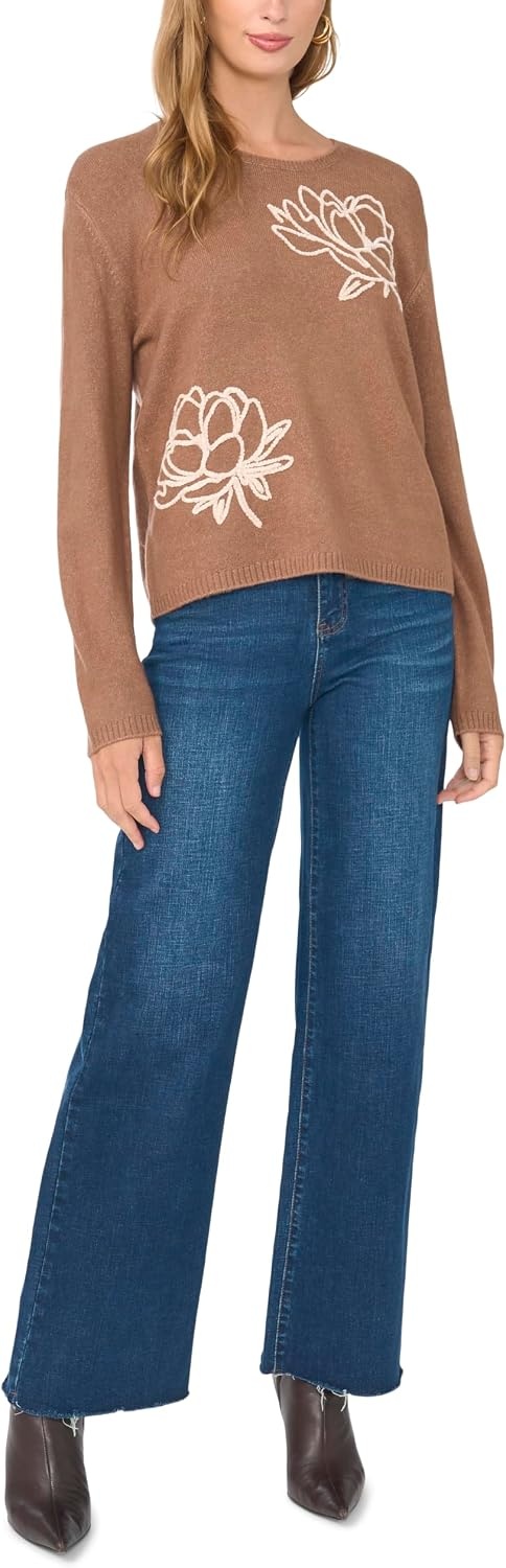 image:imageVince Camuto Womens Long Sleeve Crew Neck Chenille Embroidery SweaterNew Mocha