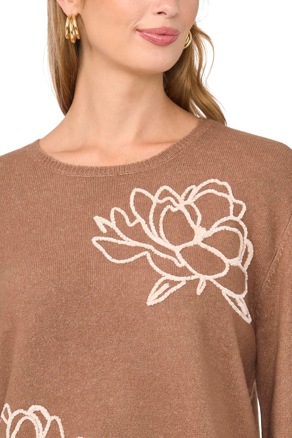 image:imageVince Camuto Womens Long Sleeve Crew Neck Chenille Embroidery SweaterNew Mocha