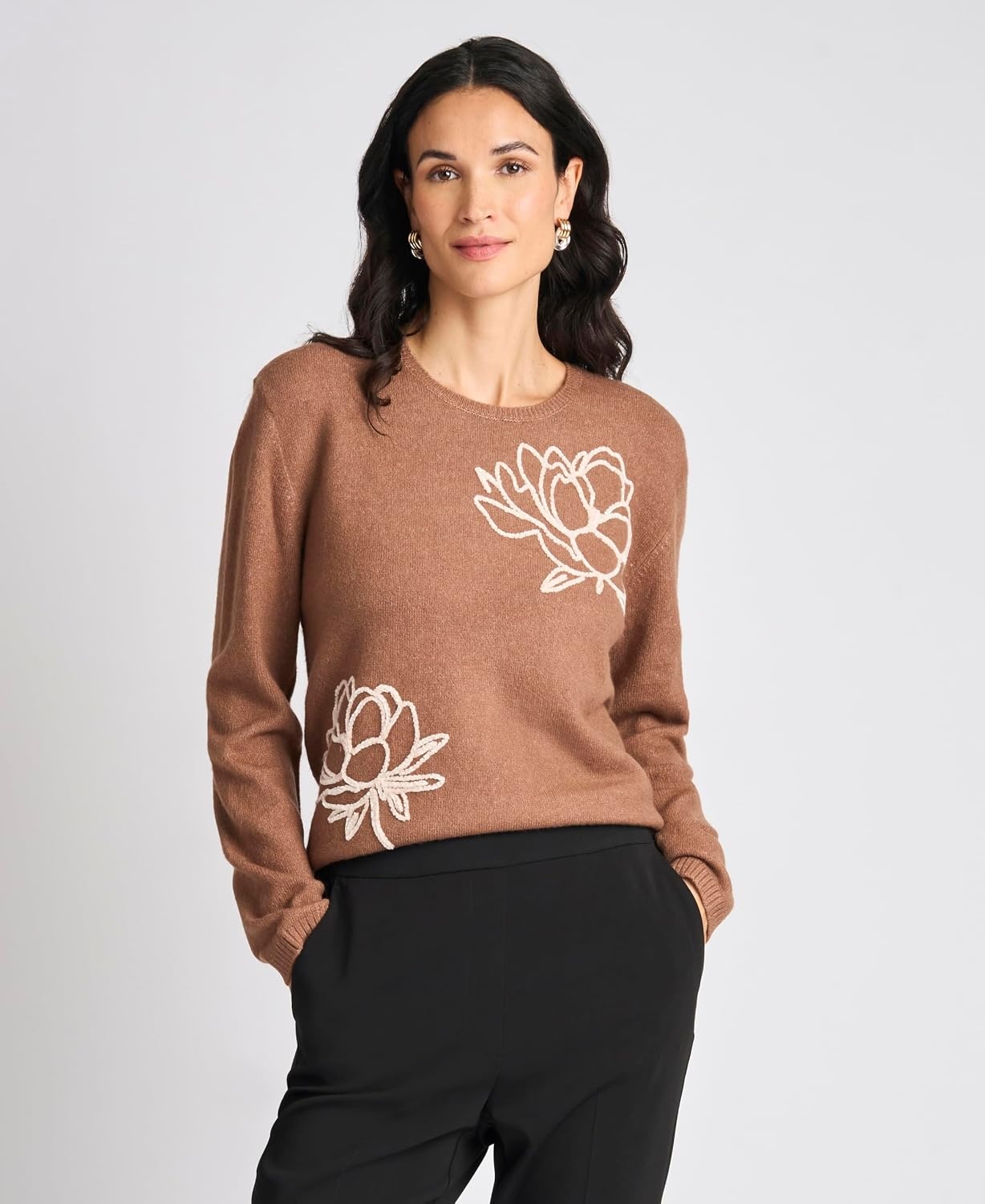 image:imageVince Camuto Womens Long Sleeve Crew Neck Chenille Embroidery SweaterNew Mocha