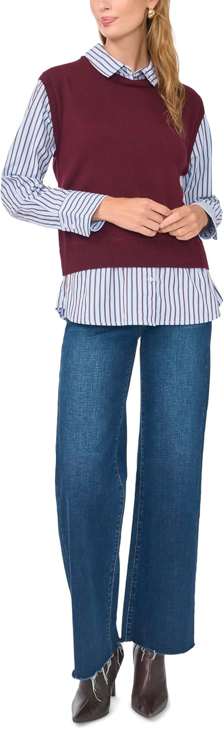 image:imageVince Camuto Womens Long Sleeve Crew Neck Shell TwoferWinetasting