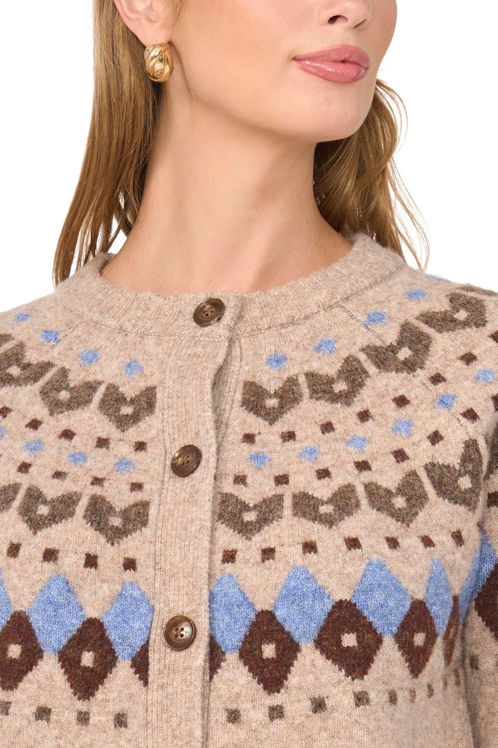 image:imageVince Camuto Womens Long Sleeve Fair Isle CardiganBrown Sugar Melange