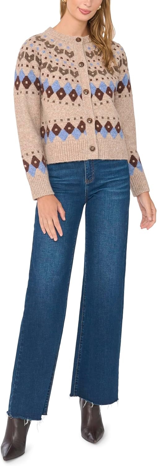 image:imageVince Camuto Womens Long Sleeve Fair Isle CardiganBrown Sugar Melange