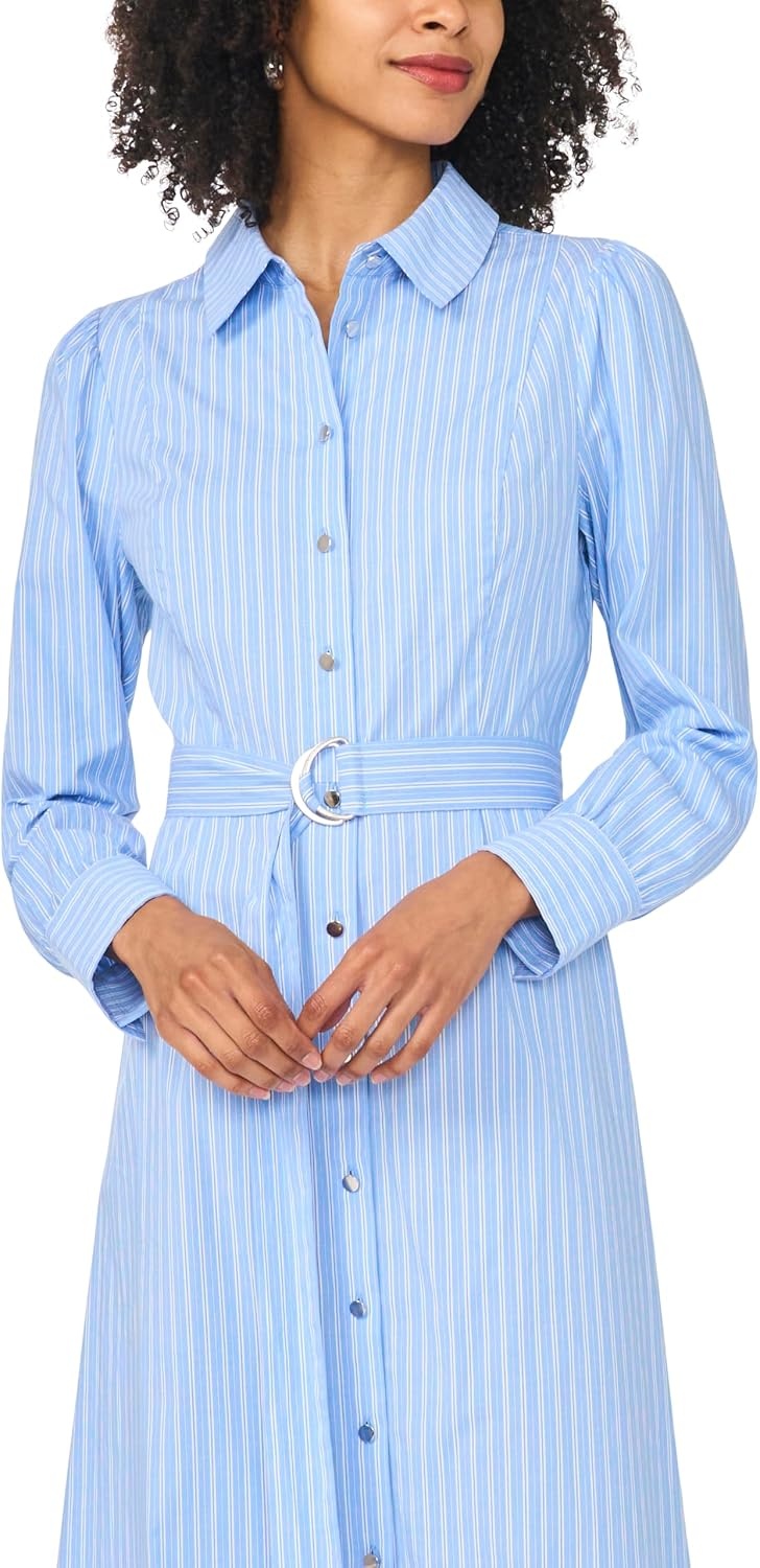 image:imageVince Camuto Womens Long Sleeve Princess Pleat Shirt Midi DressChambray Blue