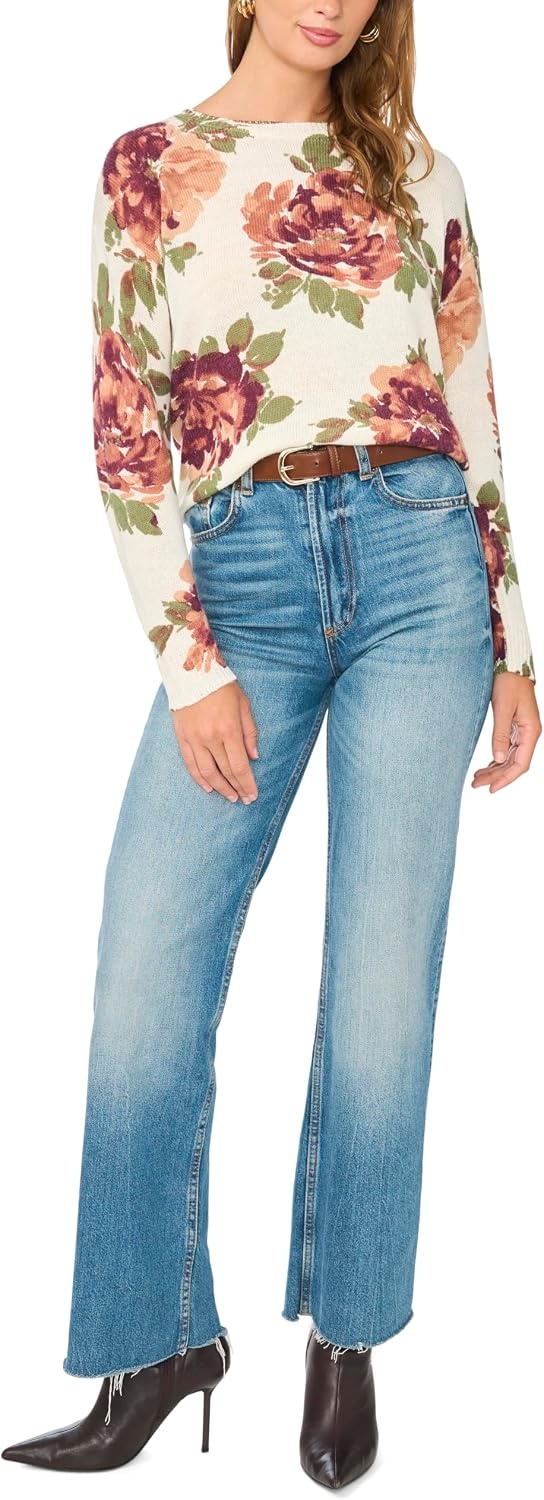image:imageVince Camuto Womens Long Sleeve Printed Crew Neck SweaterBirch