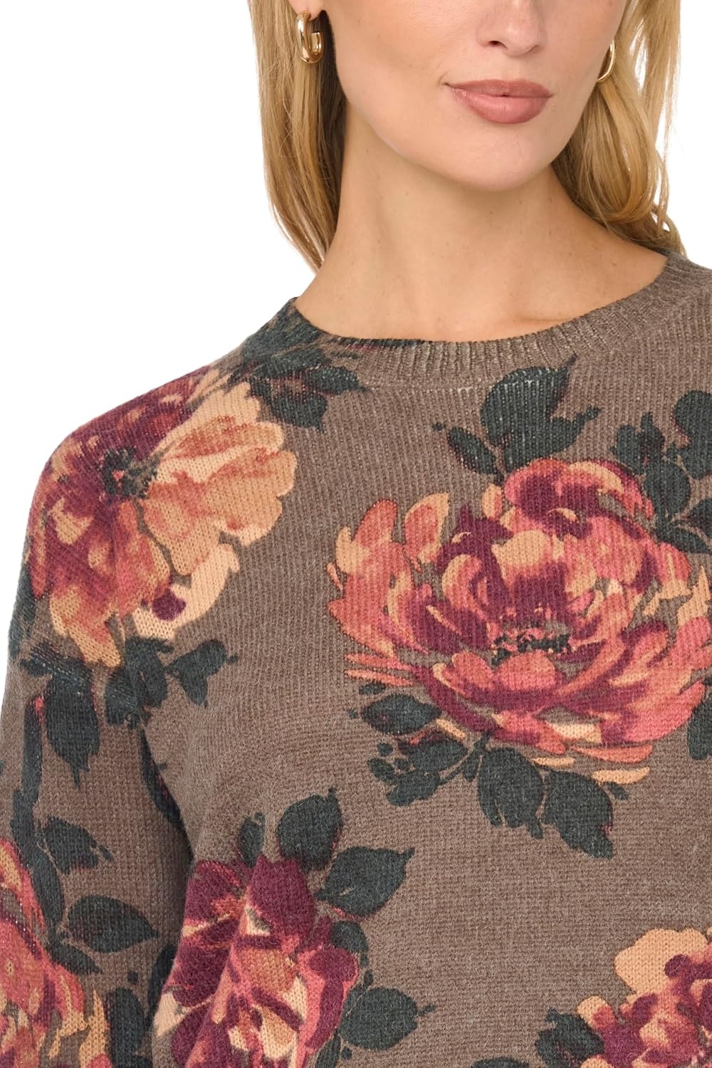 image:imageVince Camuto Womens Long Sleeve Printed Crew Neck SweaterSeal Brown