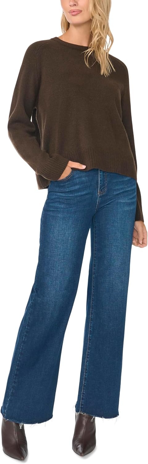 image:imageVince Camuto Womens Long Sleeve Saddle Shoulder Crew Neck SweaterChocolate