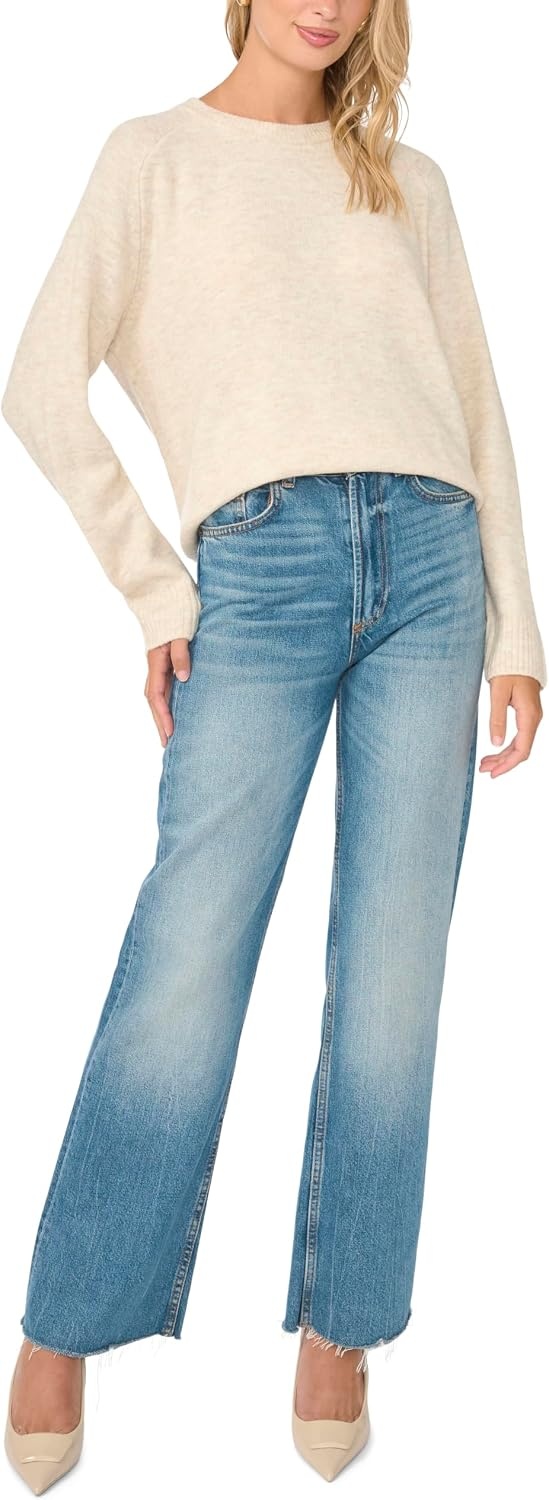 image:imageVince Camuto Womens Long Sleeve Saddle Shoulder Crew Neck SweaterMalted