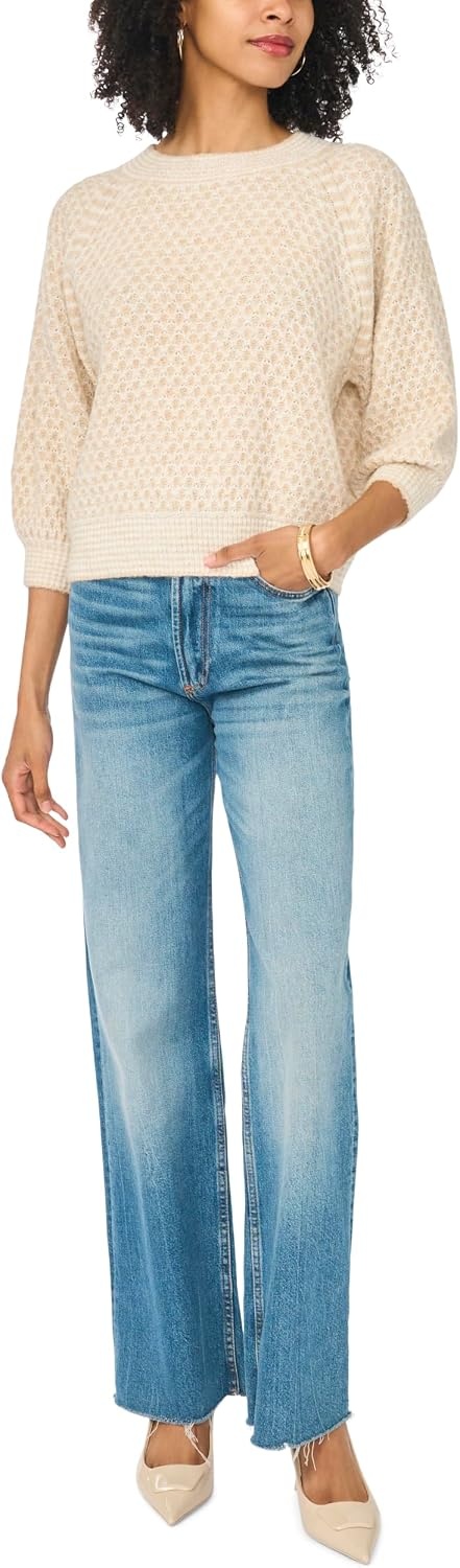 image:imageVince Camuto Womens Long Sleeve Tuck Stitch Raglan Crew Neck SweaterMalted